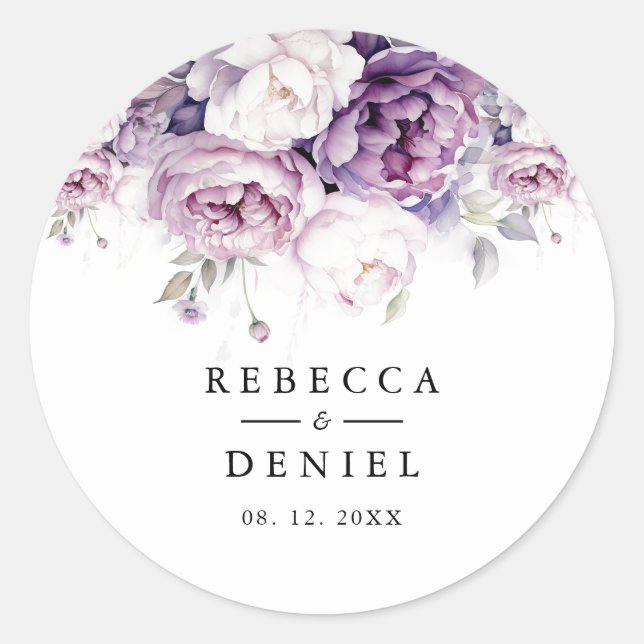 Adesivo Redondo Casamento Floral de Rosa de Água Púrpura Elegante (Frente)