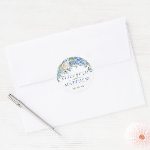 Adesivo Redondo Casamento Floral de Rosas Brancas de Hydrangea Azu