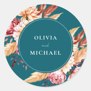 Adesivo Redondo Casamento Floral de Teal Boho Chic