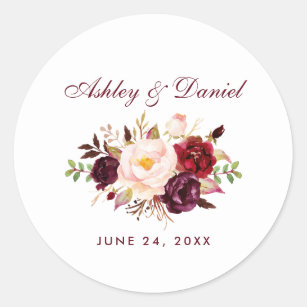 Adesivo Redondo Casamento Floral de Watercolor Burgundy