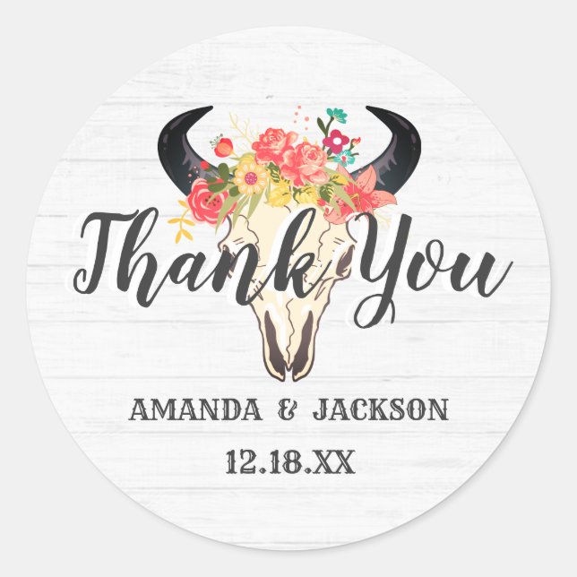 Adesivo Redondo Casamento Floral Do Crânio Da Boêmia - Obrigado (Frente)