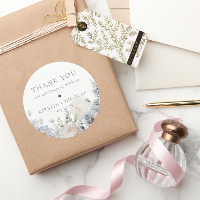 Adesivo Redondo Casamento Floral Do Jardim Azul Dusty Obrigado (Presentear)