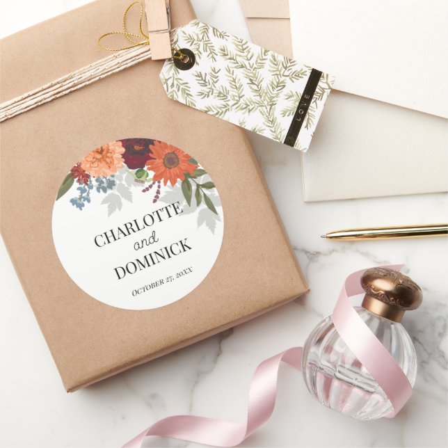 Adesivo Redondo Casamento Floral do Jardim de Queda Burgundy (Presentear)