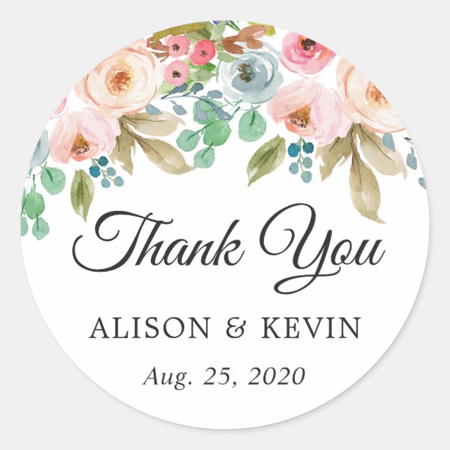 Adesivo Redondo Casamento Floral do Jardim Watercolor Obrigado (Frente)