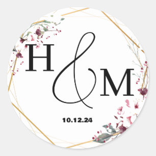 Adesivo Redondo Casamento Floral Dourado Elegante Moderno Monogram