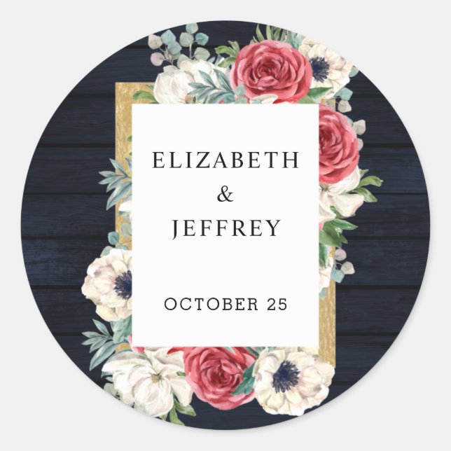 Adesivo Redondo Casamento Floral Dourado Rústico Marinho de Madeir (Frente)