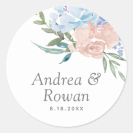 Adesivo Redondo Casamento Floral Dusty Blue e Rosa