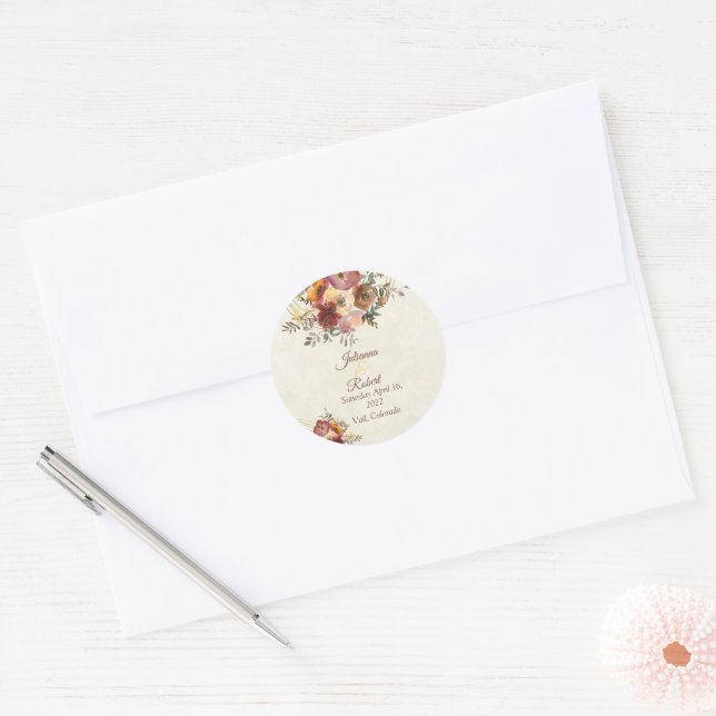 Adesivo Redondo Casamento floral e de ouro no outono (Envelope)