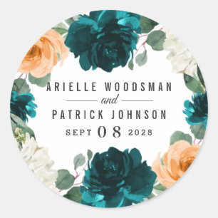 Adesivo Redondo Casamento floral elegante alaranjado do azul de