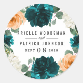 Adesivo Redondo Casamento Floral Elegante Azul-Turquesa-Laranja