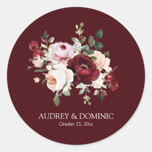 Adesivo Redondo Casamento Floral Elegante com Bege Borgonha