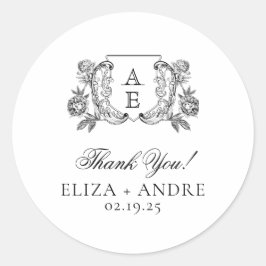 Adesivo Redondo Casamento Floral Elegante de Pequim Branca e Preto
