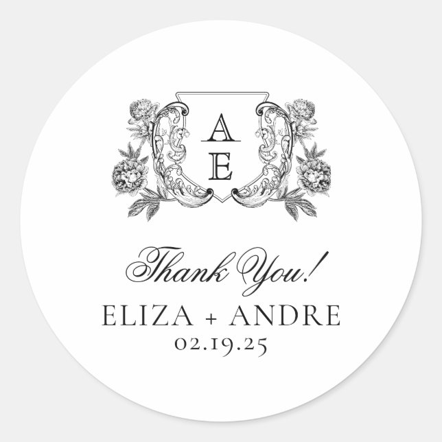 Adesivo Redondo Casamento Floral Elegante de Pequim Branca e Preto (Frente)