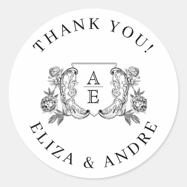 Adesivo Redondo Casamento Floral Elegante de Pequim Branca e Preto (Frente)