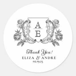 Adesivo Redondo Casamento Floral Elegante de Pequim Branca e Preto