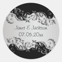Adesivo Redondo Casamento Floral Elegante de Preto e Prata
