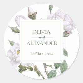 Adesivo Redondo Casamento Floral Elegante de Rosas Brancas