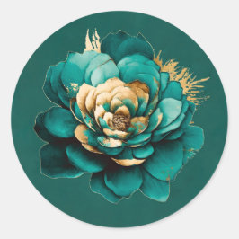 Adesivo Redondo Casamento Floral Elegante de Teal e Dourada Waterc