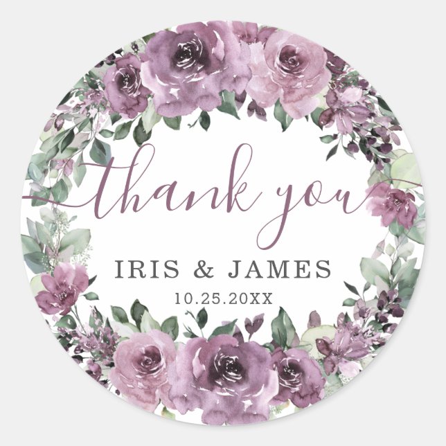 Adesivo Redondo Casamento Floral Elegante Mauve Plum Purple (Frente)