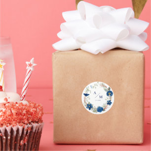 Adesivo Redondo Casamento floral em aquarela azul vintage