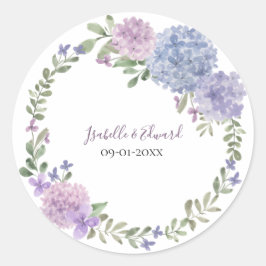 Adesivo Redondo Casamento Floral em Aquarela Lilás Elegante Azul D