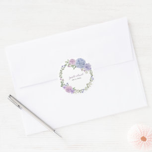 Adesivo Redondo Casamento Floral em Aquarela Lilás Elegante Azul D