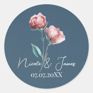 Adesivo Redondo Casamento Floral em Aquarela Moderna Cinza Azul Em