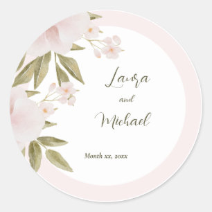 Adesivo Redondo Casamento Floral em Aquarela Rosa Cor-de-Rosa Eleg