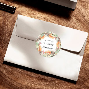 Adesivo Redondo Casamento Floral Eucalipto Laranja Rosas Botânicas
