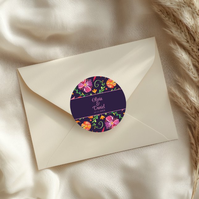 Adesivo Redondo Casamento Floral Fiesta Mexicano Purple Colorful (Purple Colorful Mexican Floral Fiesta Wedding Classic Round Sticker on an elegant wedding envelope.)