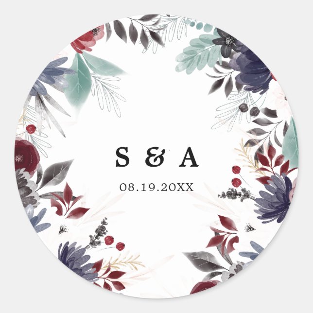 Adesivo Redondo Casamento Floral Gótico Vermelho marinho Azul Borg (Frente)