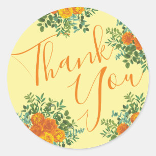 Adesivo Redondo Casamento Floral Laranja e Amarelo Claro e Rosa