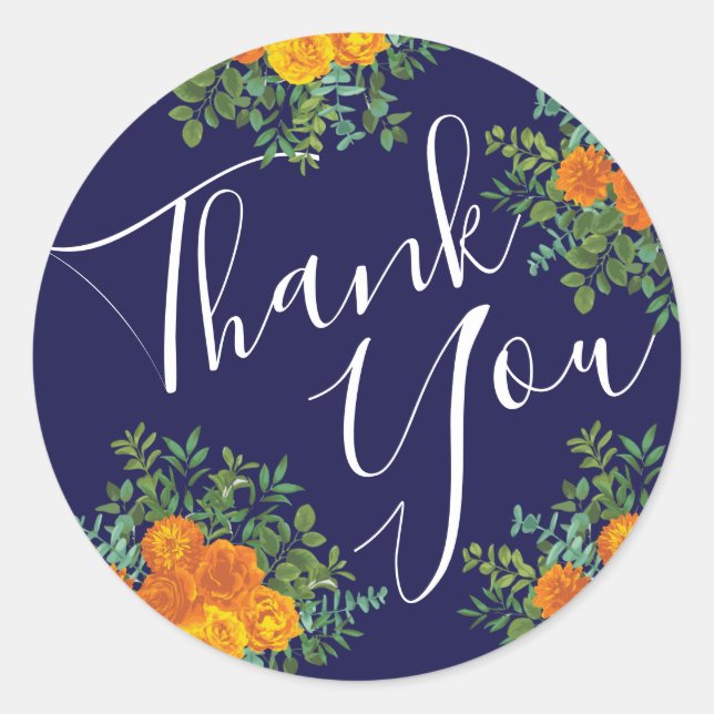 Adesivo Redondo Casamento Floral Laranja e Marinho Azul (Frente)