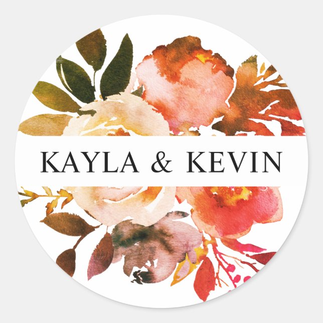 Adesivo Redondo Casamento Floral Laranja Queimado (Frente)