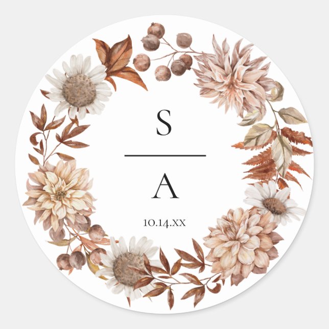 Adesivo Redondo Casamento Floral Laranja Queimado por Aquarela Ele (Frente)