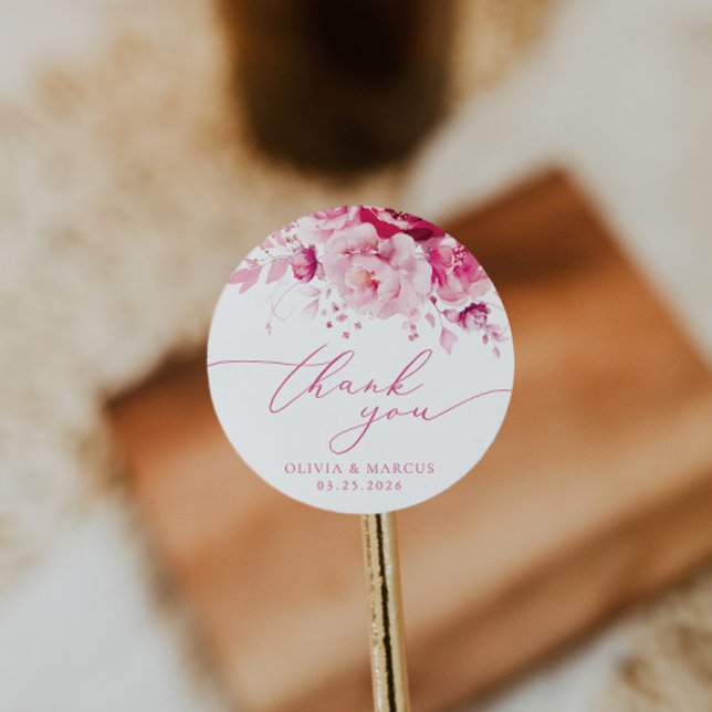 Adesivo Redondo Casamento Floral Magenta Rosa Quente Obrigado A Fa (Criador carregado)