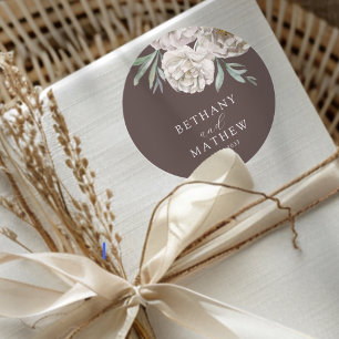 Adesivo Redondo Casamento Floral Marrom Rústico e Branco Esmaecido