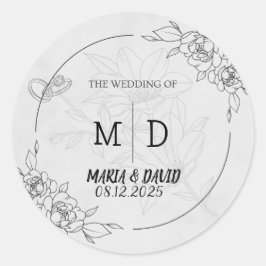 Adesivo Redondo "Casamento Floral Minimalista Preto e Branco Elega