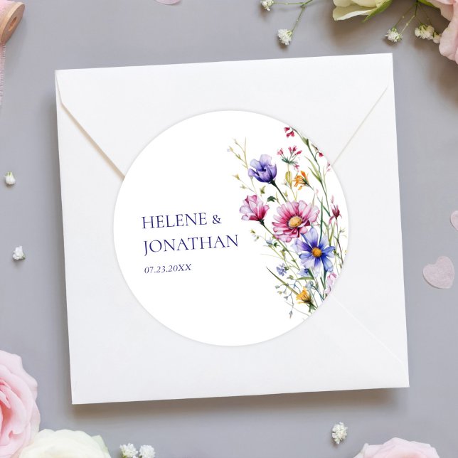 Adesivo Redondo Casamento Floral Moderno de Flor Selvagem (Modern Wildflower Floral Wedding Classic Round Sticker)