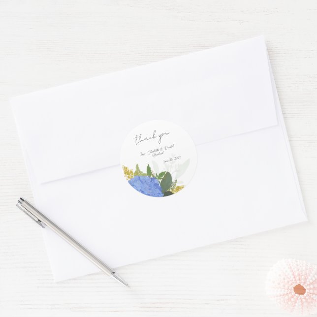 Adesivo Redondo Casamento Floral Moderno Hydrangea Azul Obrigado (Envelope)