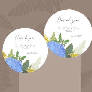 Adesivo Redondo Casamento Floral Moderno Hydrangea Azul Obrigado