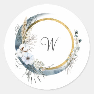 Adesivo Redondo Casamento Floral Monograma Boho Azul Branco Dourad