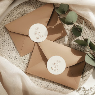 Adesivo Redondo Casamento Floral Monograma Marrom Claro Minimalist