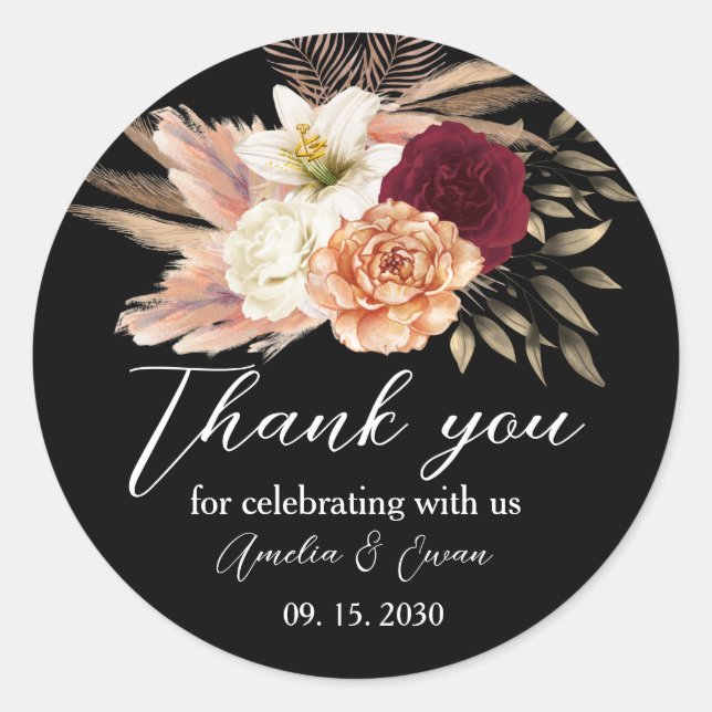 Adesivo Redondo Casamento Floral Negro Burgundy Obrigado Sticker (Frente)