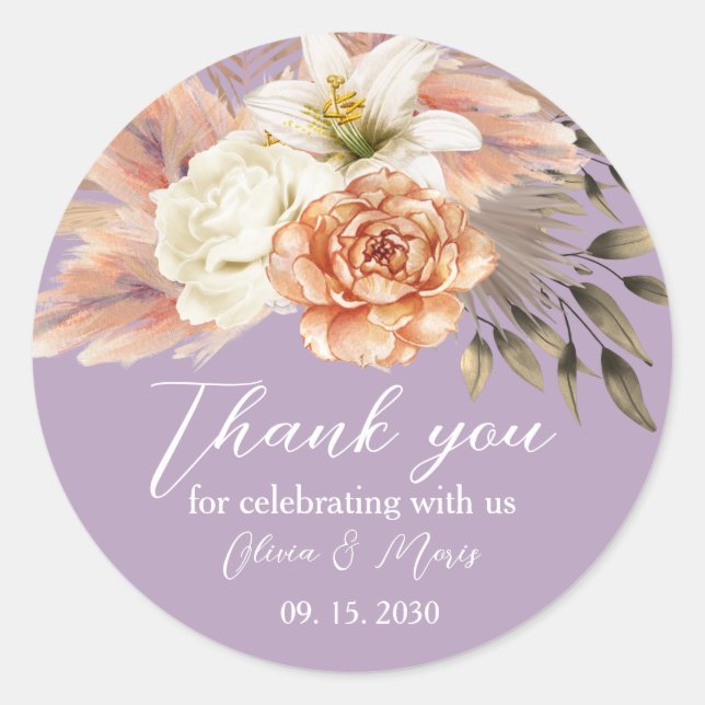 Adesivo Redondo Casamento Floral Pêssego e Roxo Obrigado Sticker (Frente)
