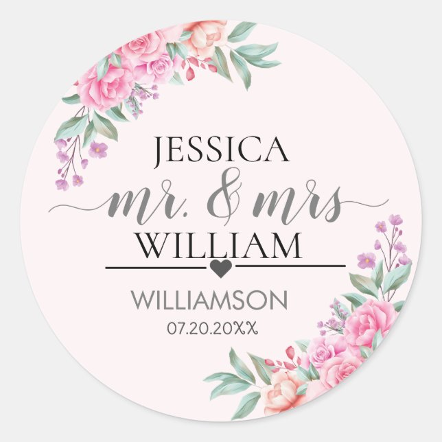 Adesivo Redondo Casamento Floral Pink