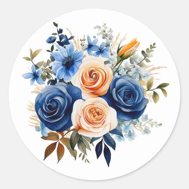 Adesivo Redondo Casamento Floral Pintado com marinho Azul e Pêsseg (Frente)