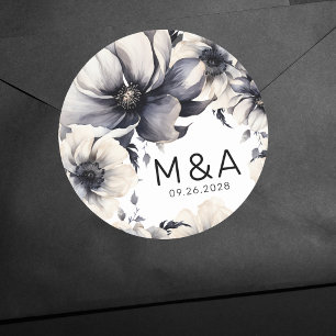 Adesivo Redondo Casamento Floral Preto e Branco Boho Moderno Elega