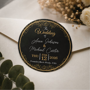 Adesivo Redondo Casamento Floral Preto e Dourado Elegante 