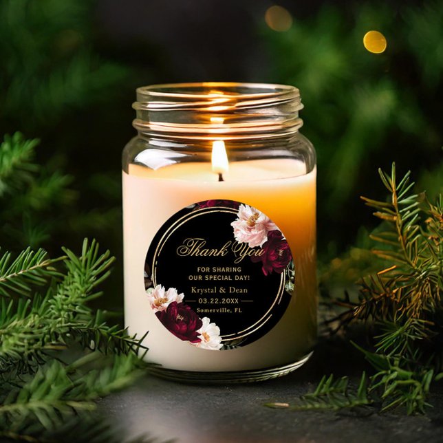 Adesivo Redondo Casamento Floral Preto Escuro-Moody Burgundy (Criador carregado)